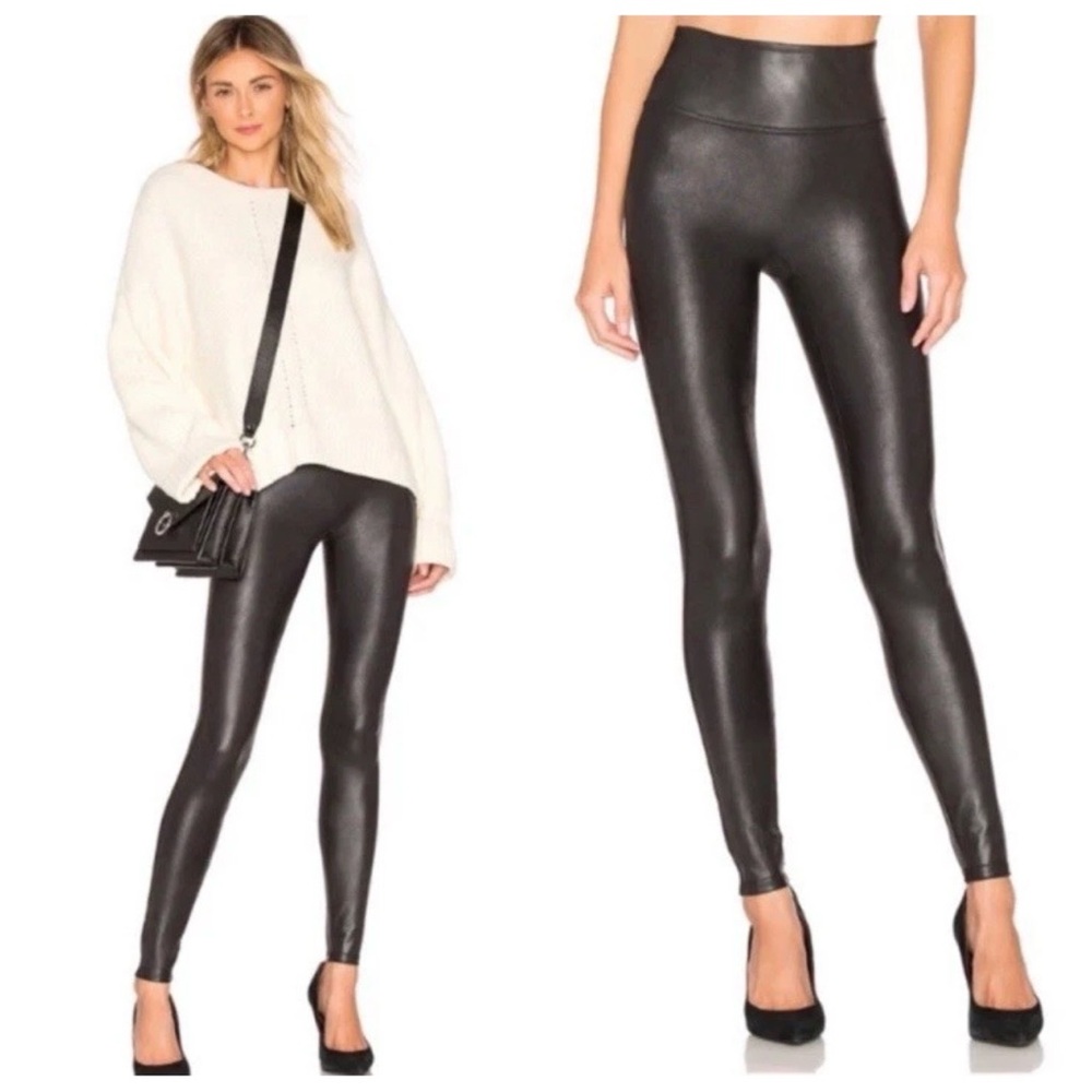 Spanx Faux Leather Leggings Stretch in Black Size Medium Power Waistband Sleek